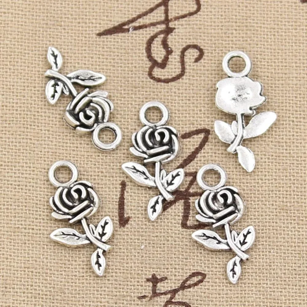 Antiqued Silver Plated Rose Flower Charms with Stems and Leaves 10 pcs